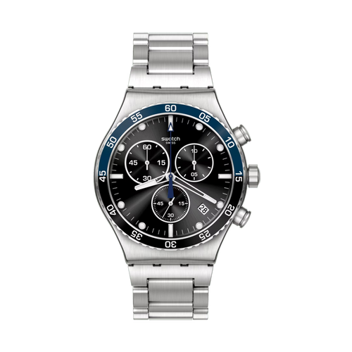 Swatch Irony YVS507G Dark Blue – Orologio in acciaio blu scuro, vista frontale su sfondo bianco – CICCO Gioielleria