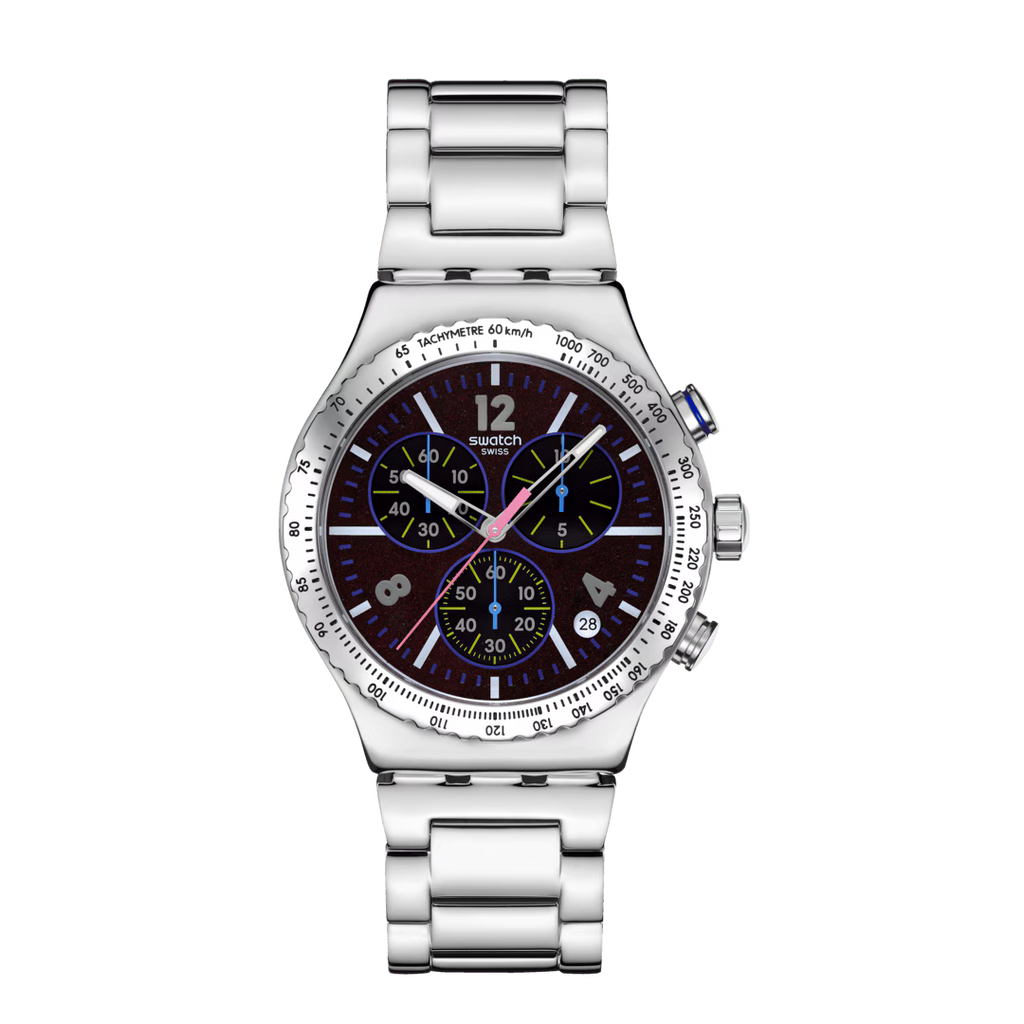 Swatch Irony YVS533G Purple Glow – Orologio in acciaio viola luminescente, vista frontale su sfondo bianco – CICCO Gioielleria