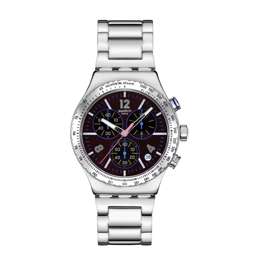 Swatch Irony YVS533G Purple Glow – Orologio in acciaio viola luminescente, vista frontale su sfondo bianco – CICCO Gioielleria