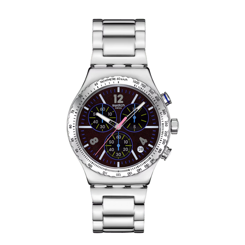Swatch Irony YVS533G Purple Glow – Orologio in acciaio viola luminescente, vista frontale su sfondo bianco – CICCO Gioielleria