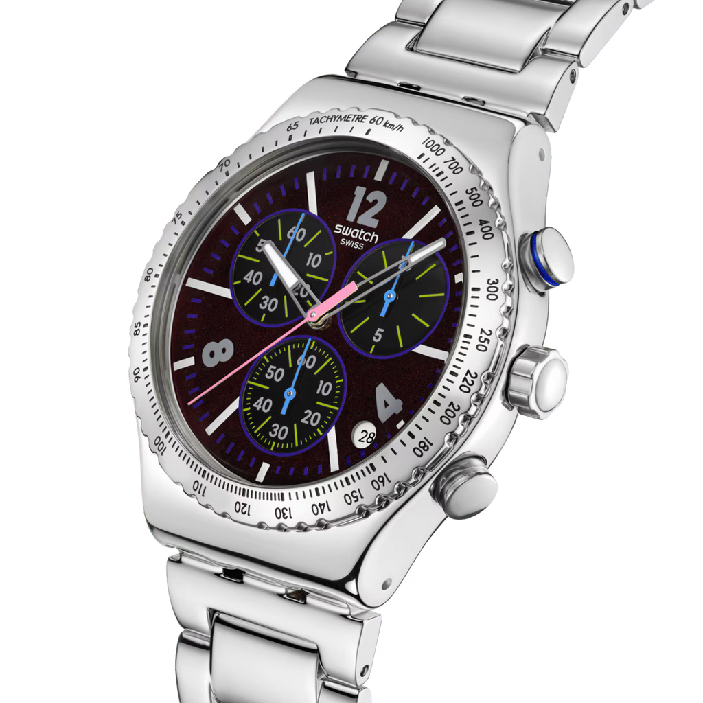 Swatch Irony YVS533G Purple Glow – Vista laterale cassa acciaio viola glow – SWATCH