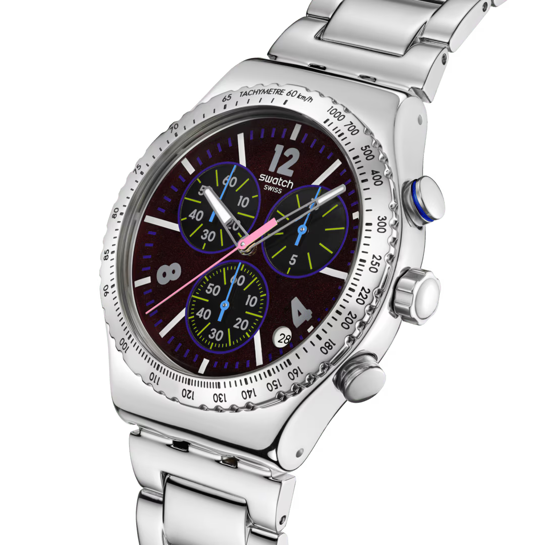 Swatch Irony YVS533G Purple Glow – Vista laterale cassa acciaio viola glow – SWATCH