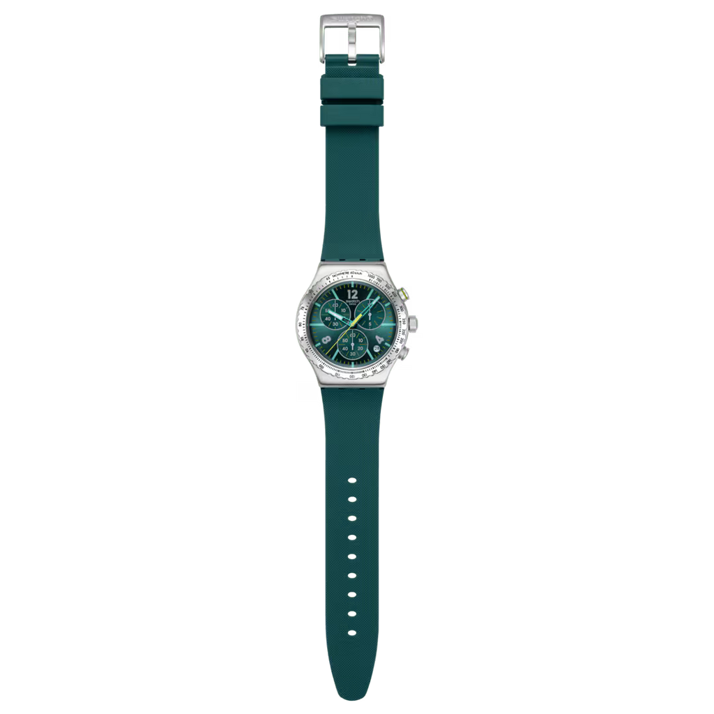 Swatch Irony YVS535 Greenshift Glow – Orologio in acciaio verde luminescente, vista frontale su sfondo bianco – CICCO Gioielleria