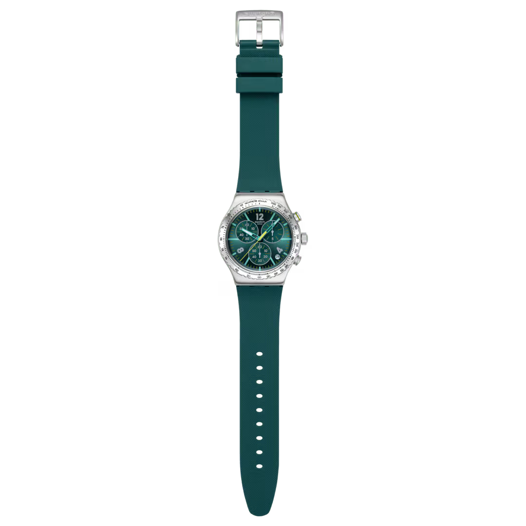 Swatch Irony YVS535 Greenshift Glow – Orologio in acciaio verde luminescente, vista frontale su sfondo bianco – CICCO Gioielleria