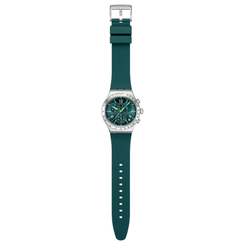 Swatch Irony YVS535 Greenshift Glow – Orologio in acciaio verde luminescente, vista frontale su sfondo bianco – CICCO Gioielleria