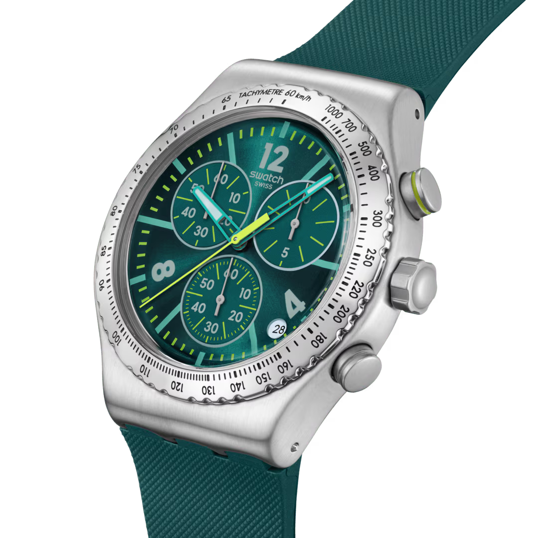 Swatch Irony YVS535 Greenshift Glow – Vista laterale cassa acciaio verde glow – SWATCH