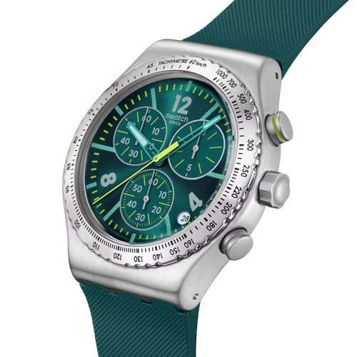 Swatch Irony YVS535 Greenshift Glow – Vista laterale cassa acciaio verde glow – SWATCH
