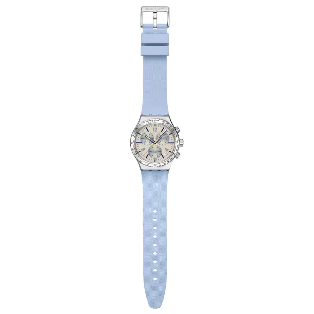 Swatch Irony YVS536 Blueshift Glow – Orologio in acciaio blu luminescente, vista frontale su sfondo bianco – CICCO Gioielleria