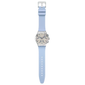 Swatch Irony YVS536 Blueshift Glow – Orologio in acciaio blu luminescente, vista frontale su sfondo bianco – CICCO Gioielleria