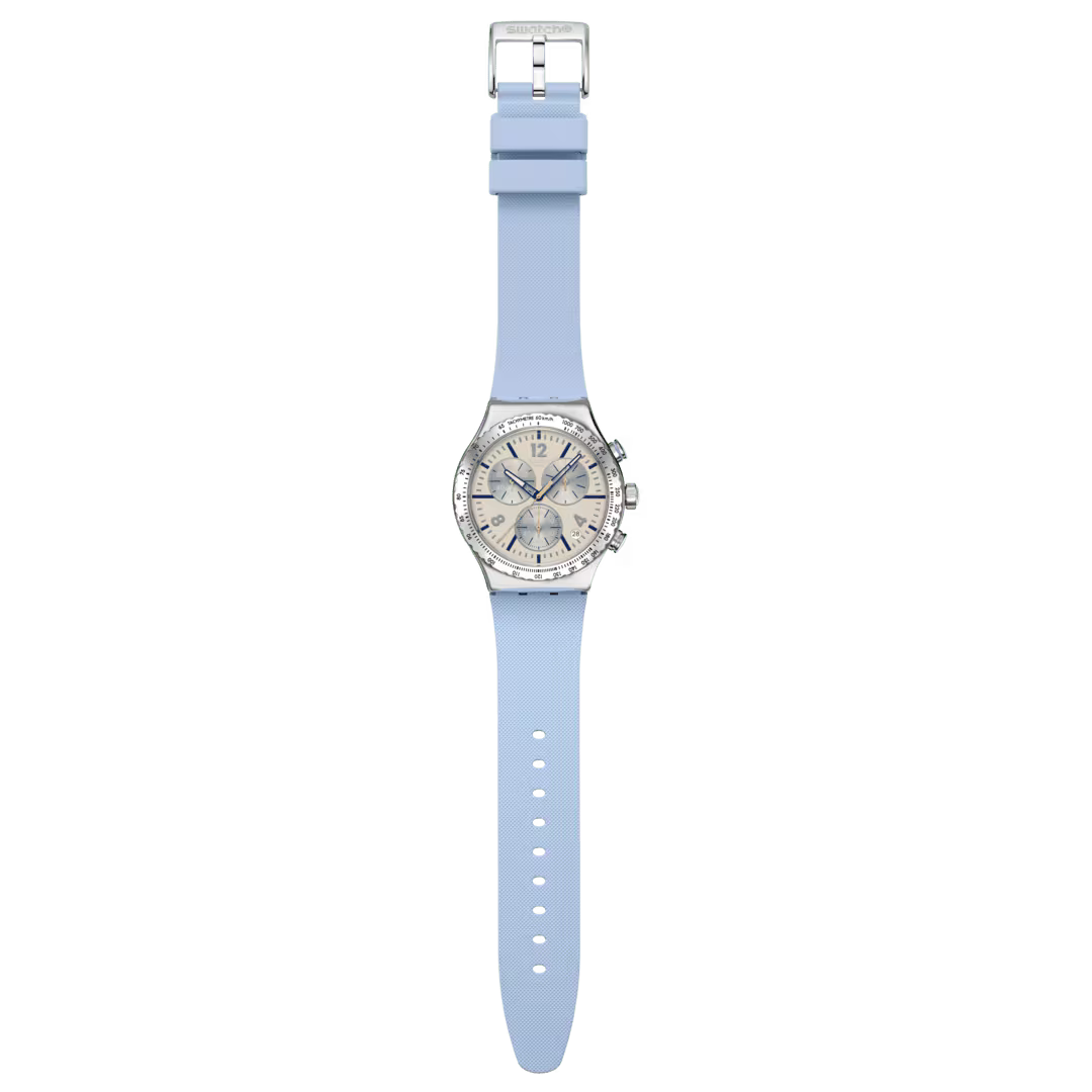 Swatch Irony YVS536 Blueshift Glow – Orologio in acciaio blu luminescente, vista frontale su sfondo bianco – CICCO Gioielleria