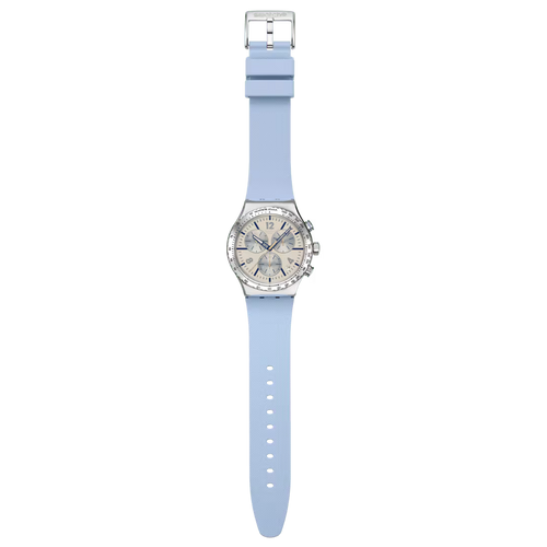 Swatch Irony YVS536 Blueshift Glow – Orologio in acciaio blu luminescente, vista frontale su sfondo bianco – CICCO Gioielleria