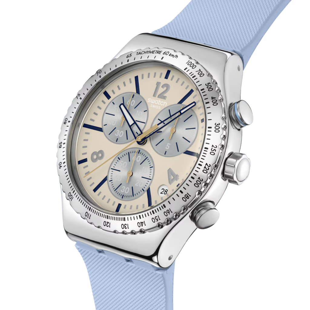 Swatch Irony YVS536 Blueshift Glow – Vista laterale cassa acciaio blu glow – SWATCH