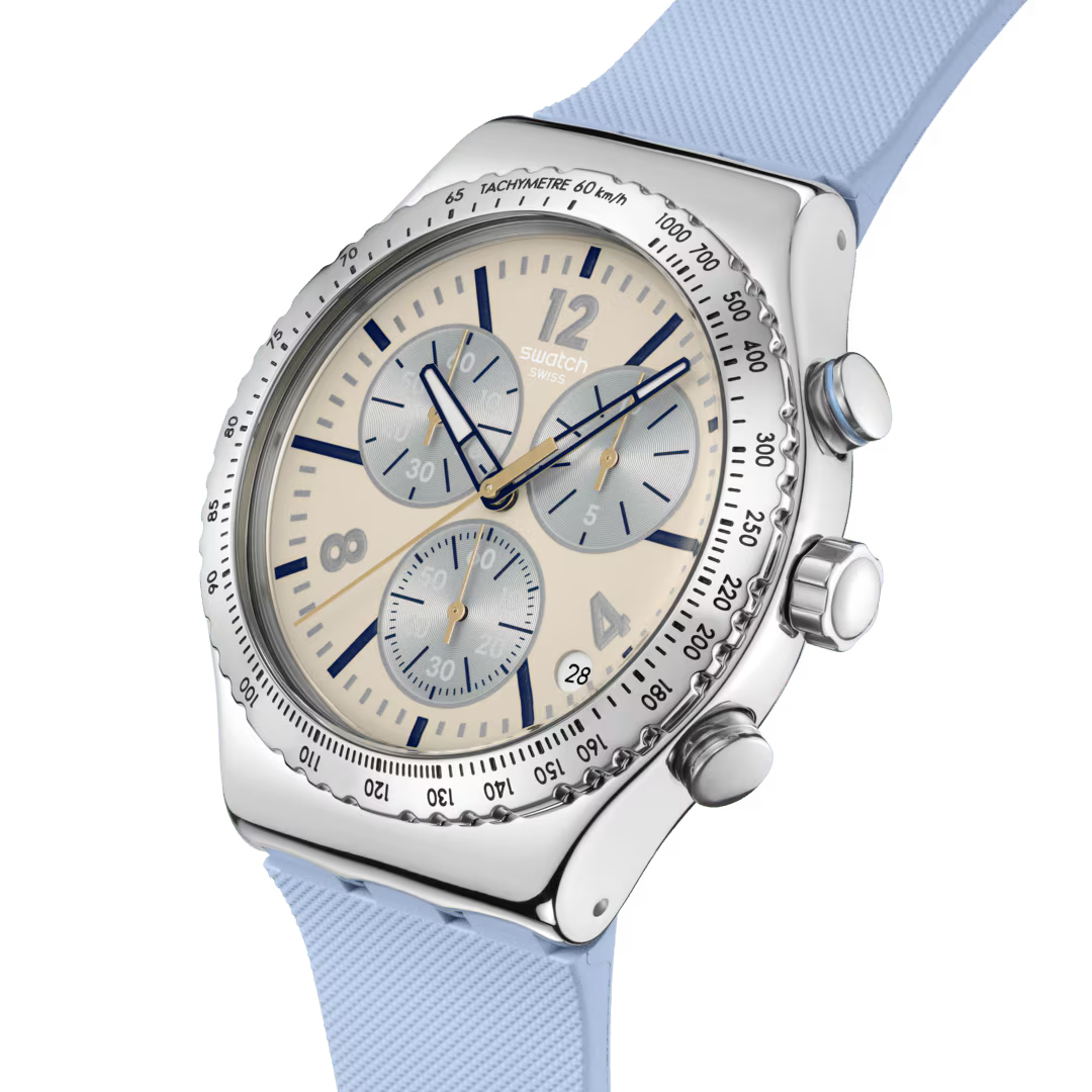 Swatch Irony YVS536 Blueshift Glow – Vista laterale cassa acciaio blu glow – SWATCH