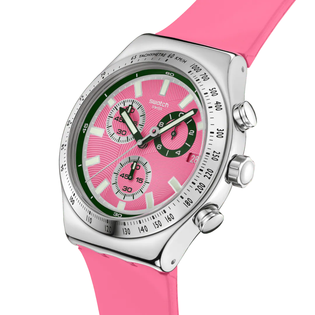 Orologio Swatch Irony Chrono Berry Reflective YVS538 – Cronografo Rosa Acciaio – dettaglio quadrante