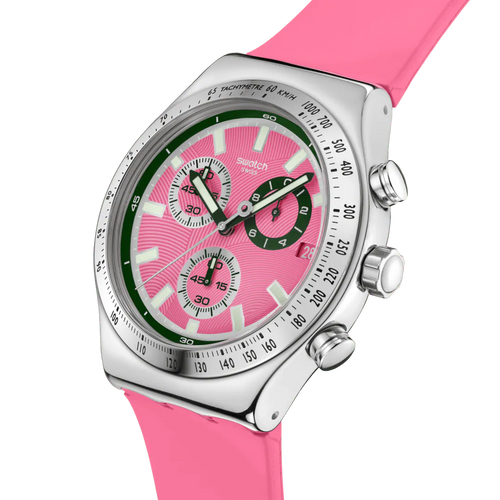 Orologio Swatch Irony Chrono Berry Reflective YVS538 – Cronografo Rosa Acciaio – dettaglio quadrante