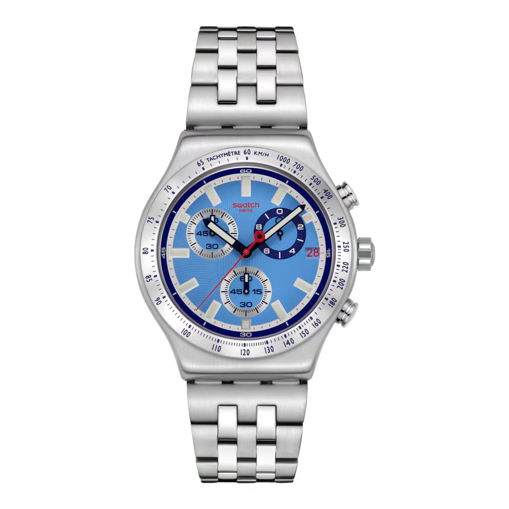 Orologio Swatch Irony Chrono Midday in the Mirror – Cronografo Acciaio Azzurro – vista prodotto