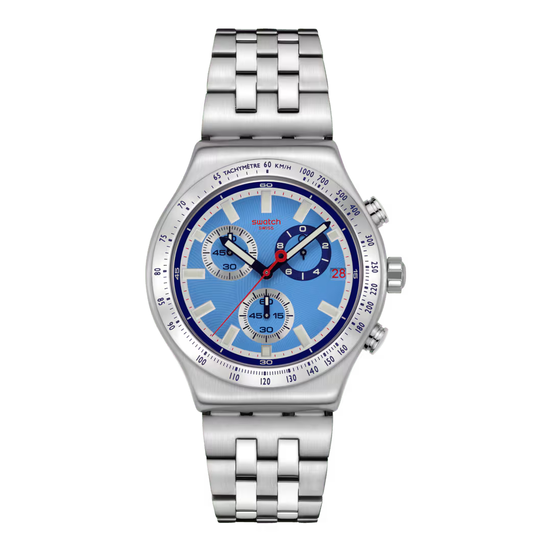Orologio Swatch Irony Chrono Midday in the Mirror – Cronografo Acciaio Azzurro – vista prodotto