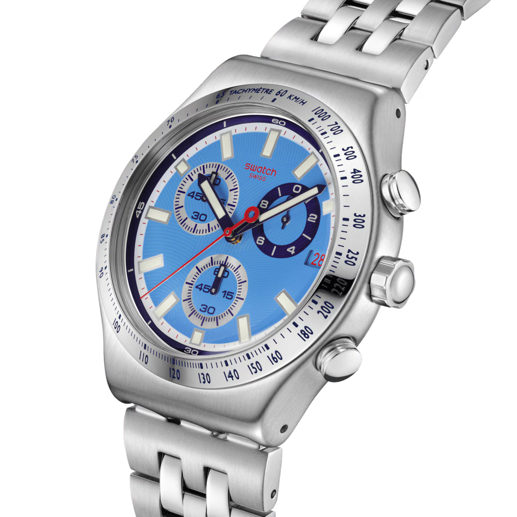 Orologio Swatch Irony Chrono Midday in the Mirror – Cronografo Acciaio Azzurro – dettaglio quadrante