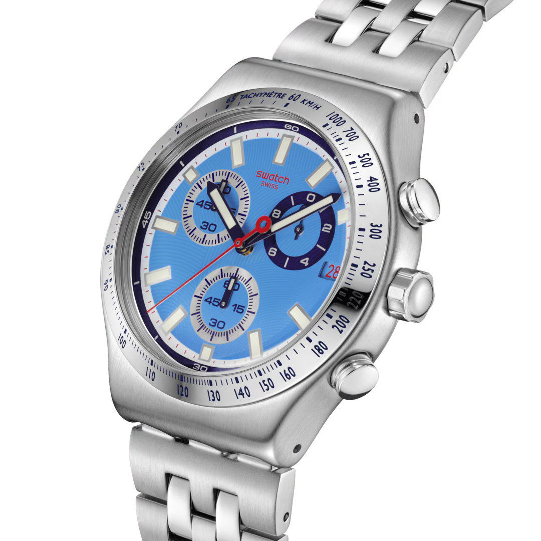 Orologio Swatch Irony Chrono Midday in the Mirror – Cronografo Acciaio Azzurro – dettaglio quadrante