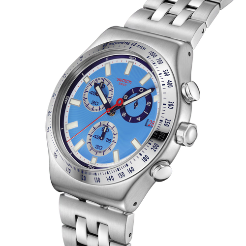 Orologio Swatch Irony Chrono Midday in the Mirror – Cronografo Acciaio Azzurro – dettaglio quadrante