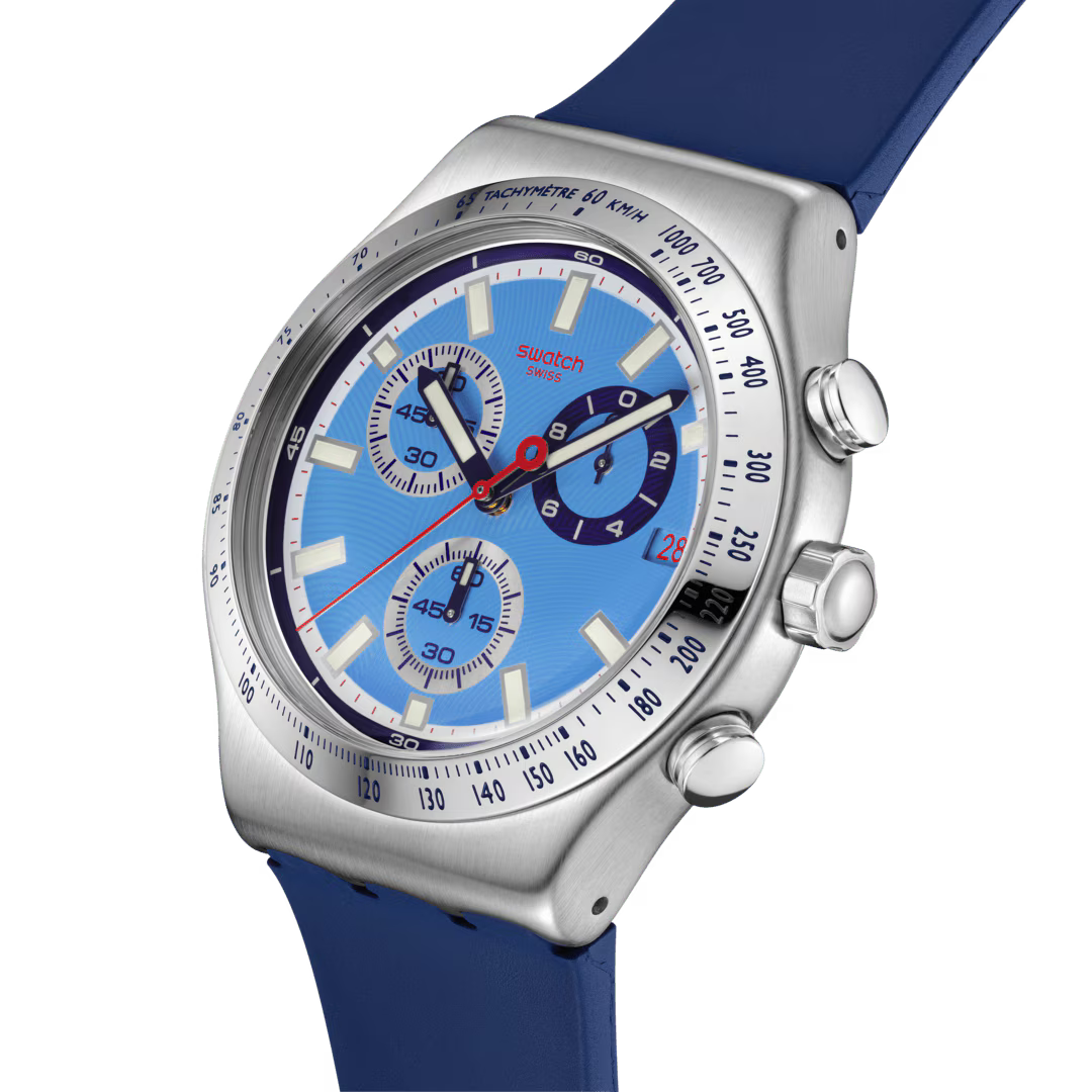 Orologio Swatch Irony Chrono Sky Reflective YVS541 – Cronografo Azzurro Acciaio – dettaglio quadrante