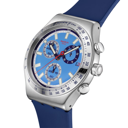 Orologio Swatch Irony Chrono Sky Reflective YVS541 – Cronografo Azzurro Acciaio – dettaglio quadrante