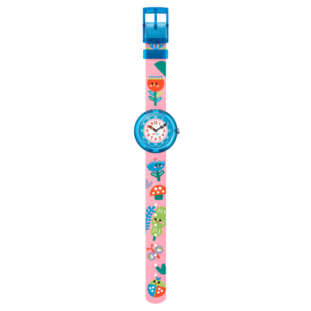 Orologio Flik Flak Once and Floral – vista frontale su sfondo bianco – orologio educativo Swiss Made per bambini – CICCO Gioielleria