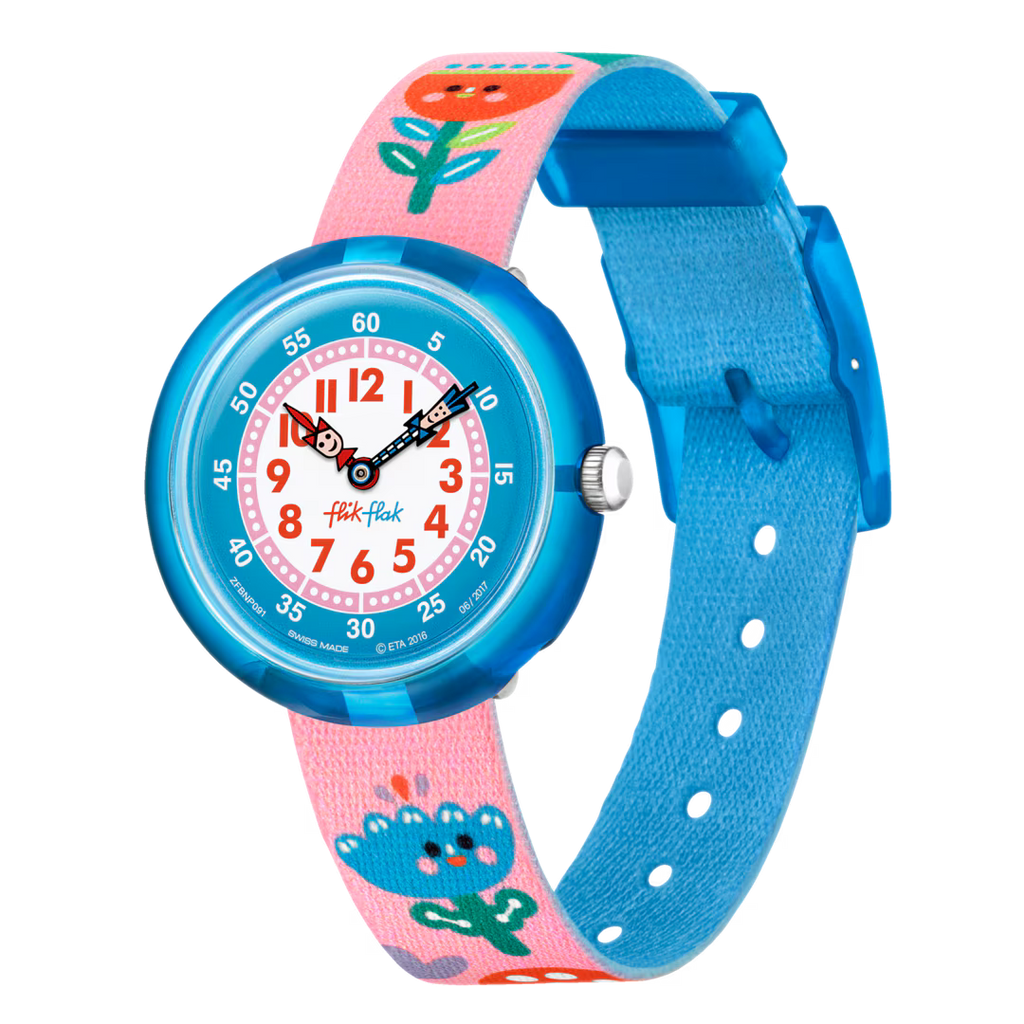 Orologio Flik Flak Once and Floral – vista angolata – cinturino floreale per bambini – CICCO Gioielleria