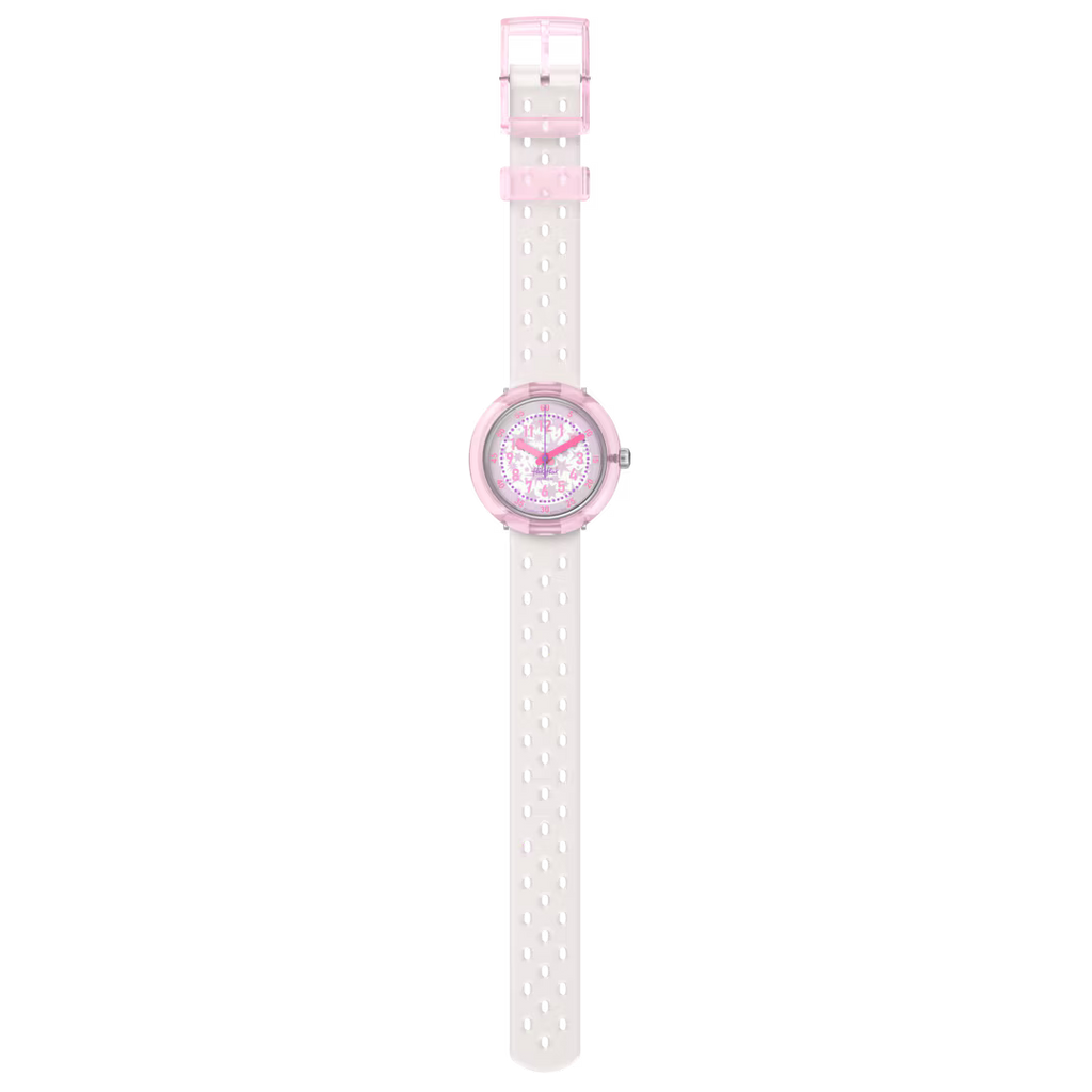 Flik Flak FIZZ IN PEARL FCNP007 visto frontalmente con cinturino bianco perlato e dettagli rosa – CICCO Gioielleria