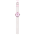 Flik Flak FIZZ IN PEARL FCNP007 visto frontalmente con cinturino bianco perlato e dettagli rosa – CICCO Gioielleria