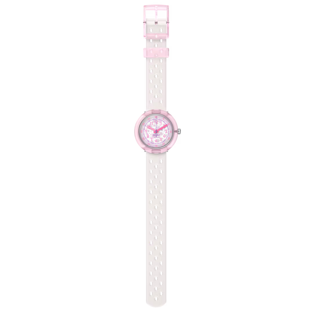 Flik Flak FIZZ IN PEARL FCNP007 visto frontalmente con cinturino bianco perlato e dettagli rosa – CICCO Gioielleria