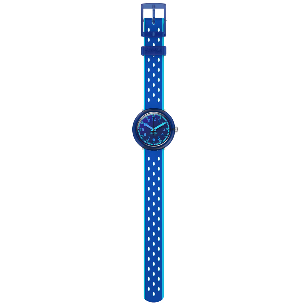 Flik Flak FIZZ IN SPACE FCNP008 visto frontalmente con quadrante blu e cinturino blu e turchese – CICCO Gioielleria