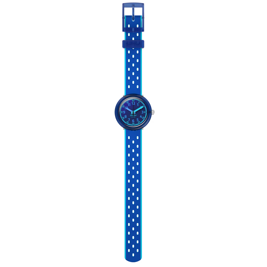 Flik Flak FIZZ IN SPACE FCNP008 visto frontalmente con quadrante blu e cinturino blu e turchese – CICCO Gioielleria