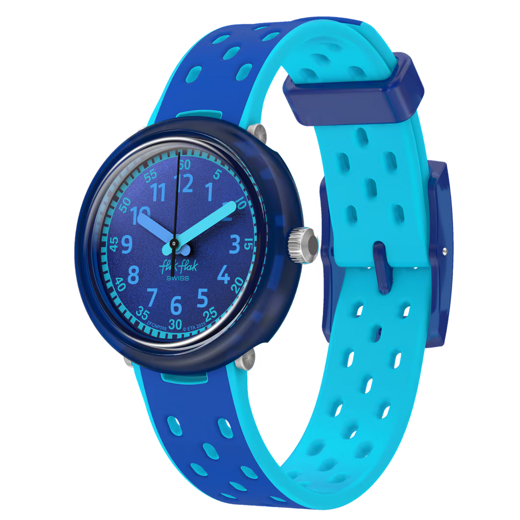 Flik Flak FIZZ IN SPACE FCNP008 in vista laterale, con lancette colorate e dettaglio del cinturino in silicone blu e turchese