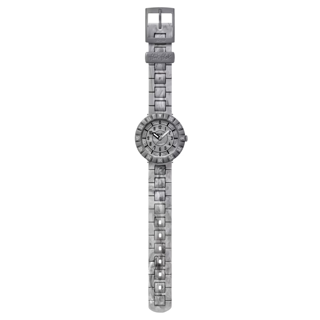Flik Flak LUNAR BRICK FCSP134 visto frontalmente con cinturino grigio marmorizzato e quadrante analogico – CICCO Gioielleria