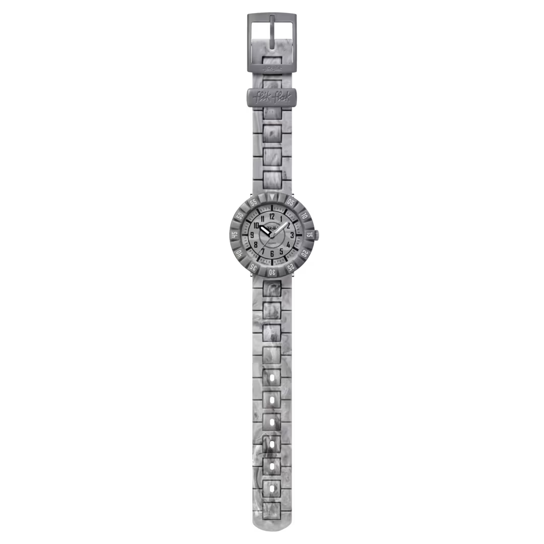 Flik Flak LUNAR BRICK FCSP134 visto frontalmente con cinturino grigio marmorizzato e quadrante analogico – CICCO Gioielleria
