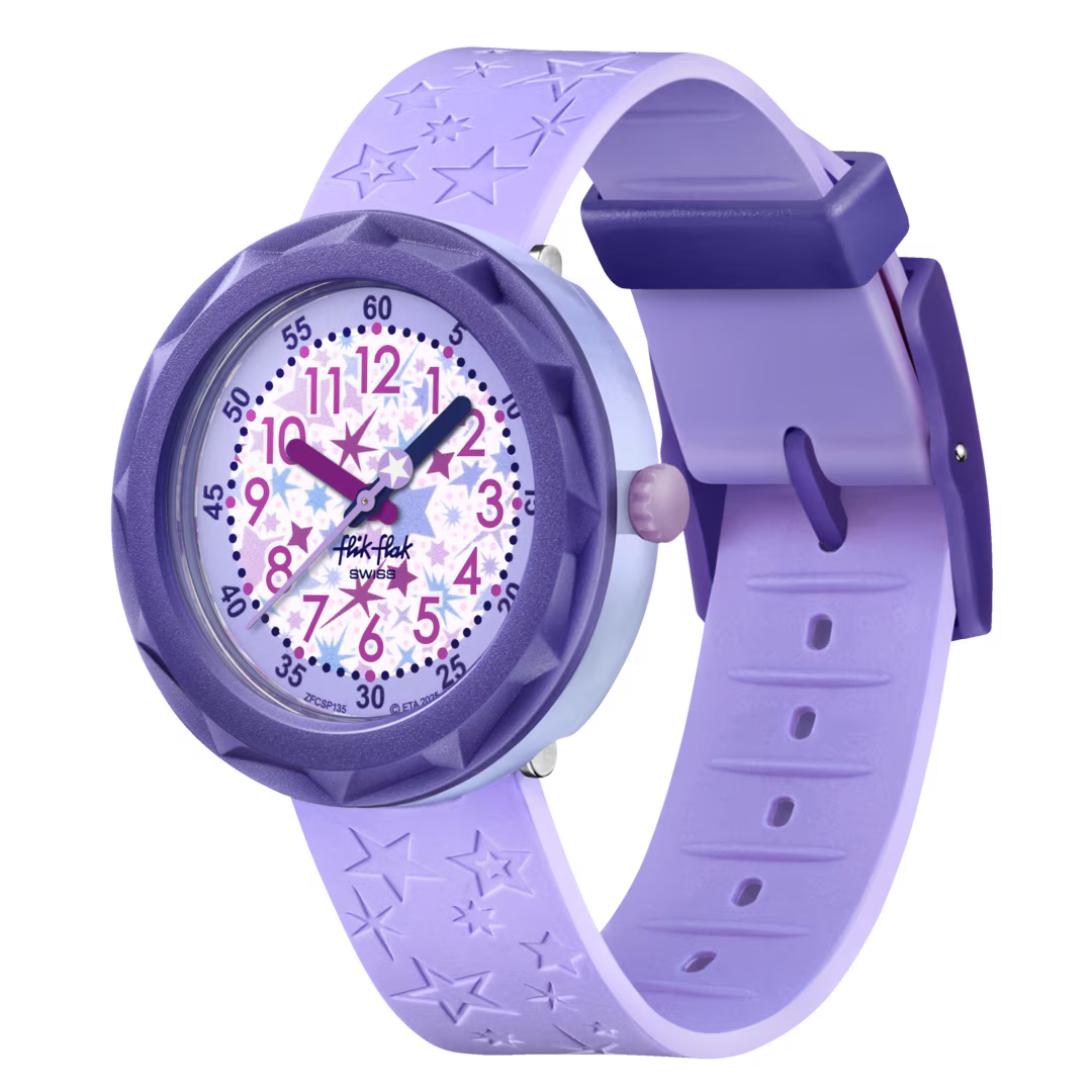Flik Flak GALAXOLOGY FCSP135 in vista laterale, con quadrante stellato, lancette colorate e lunetta viola