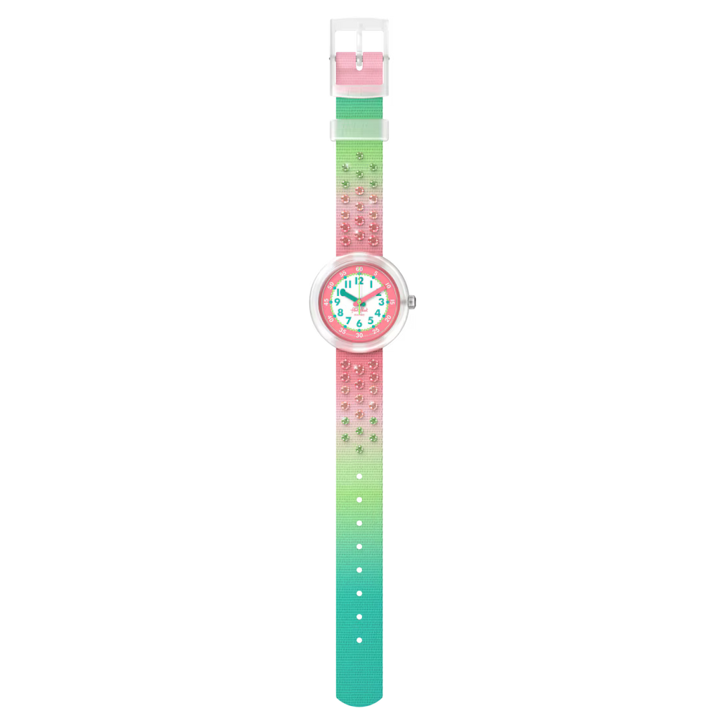 Orologio Flik Flak Sparkly Melon – vista frontale su sfondo bianco – orologio educativo Swiss Made per bambini – CICCO Gioielleria
