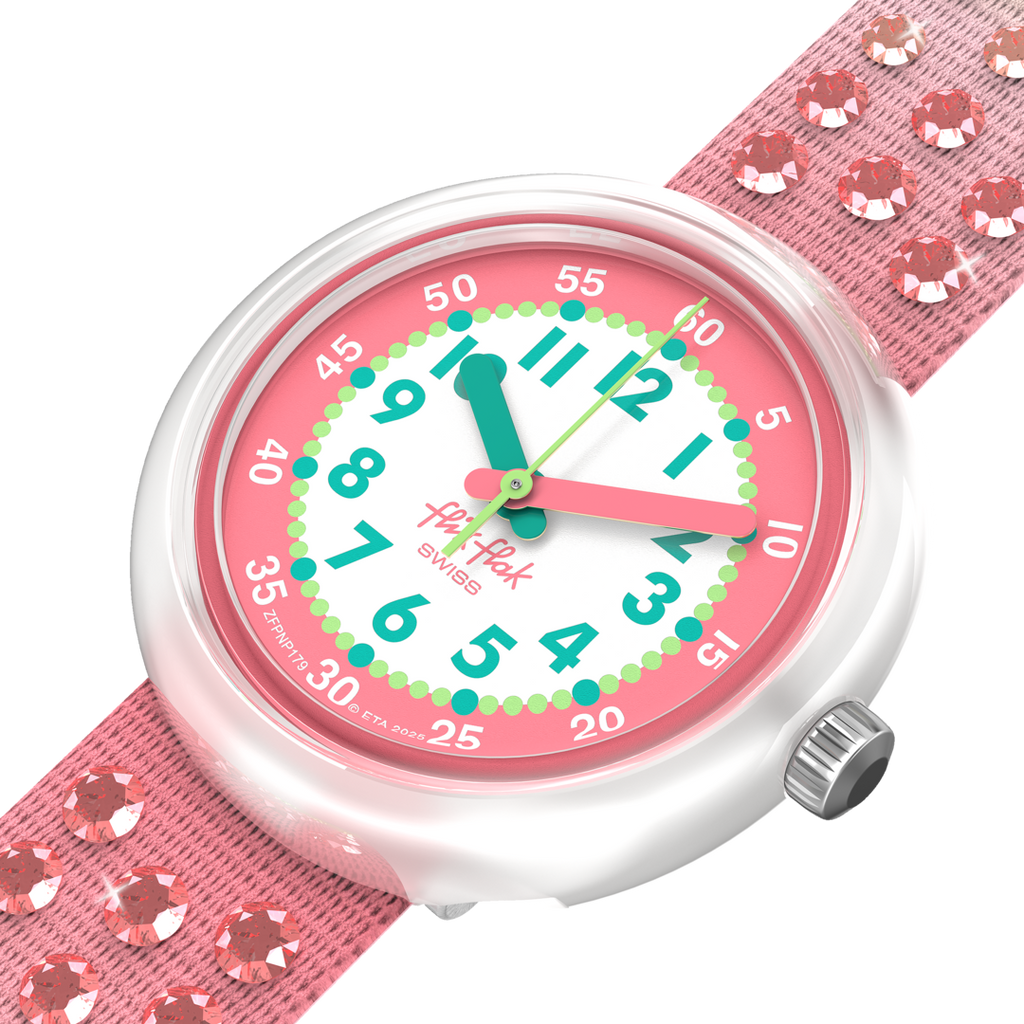 Orologio Flik Flak Sparkly Melon indossato al polso – regalo per bambini – CICCO Gioielleria