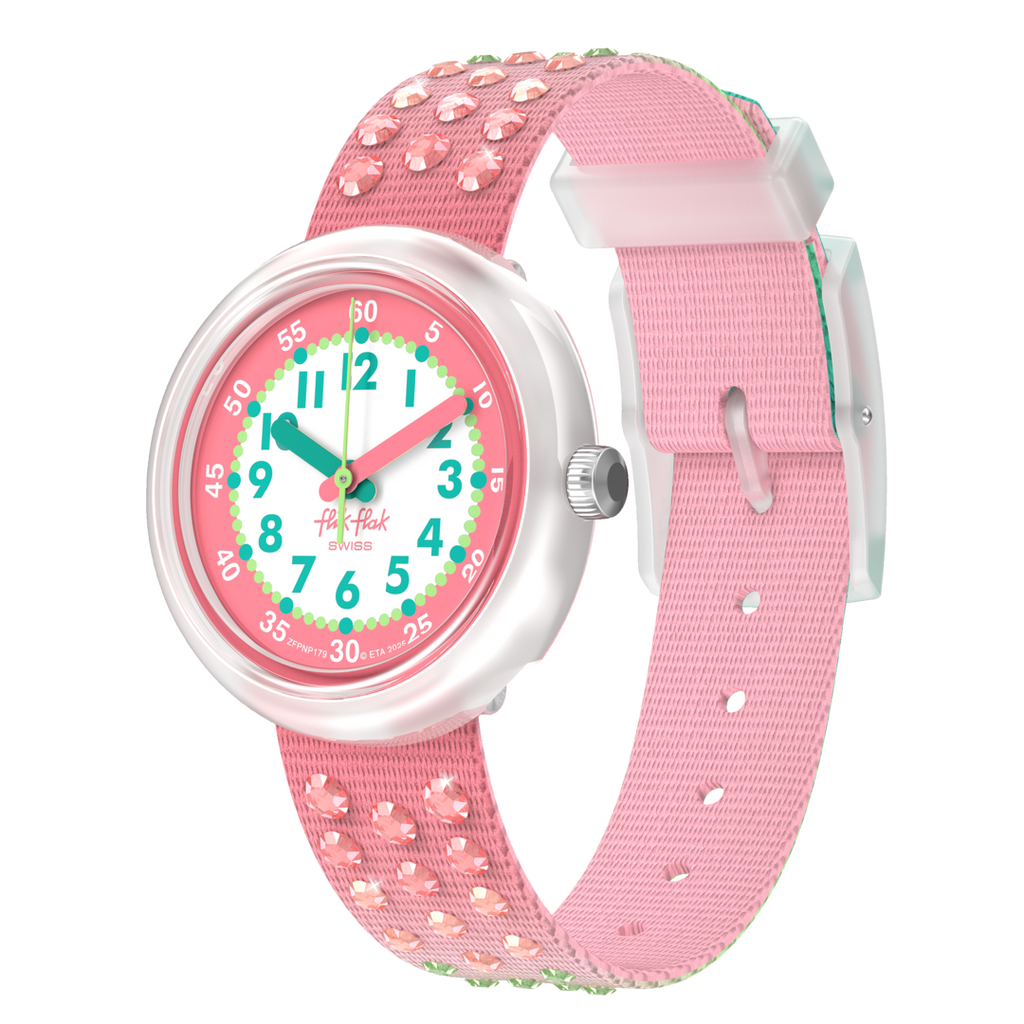 Orologio Flik Flak Sparkly Melon – vista angolata – cinturino colorato per bambini – CICCO Gioielleria