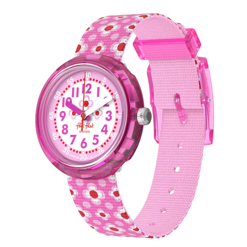 Orologio Flik Flak Power Flower – vista angolata – cinturino tema fiori per bambini – CICCO Gioielleria