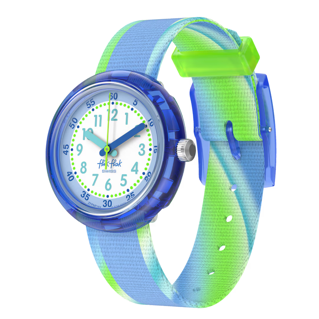rologio Flik Flak Flip It Blue – vista frontale angolata – cinturino blu per bambini – CICCO Gioielleria
