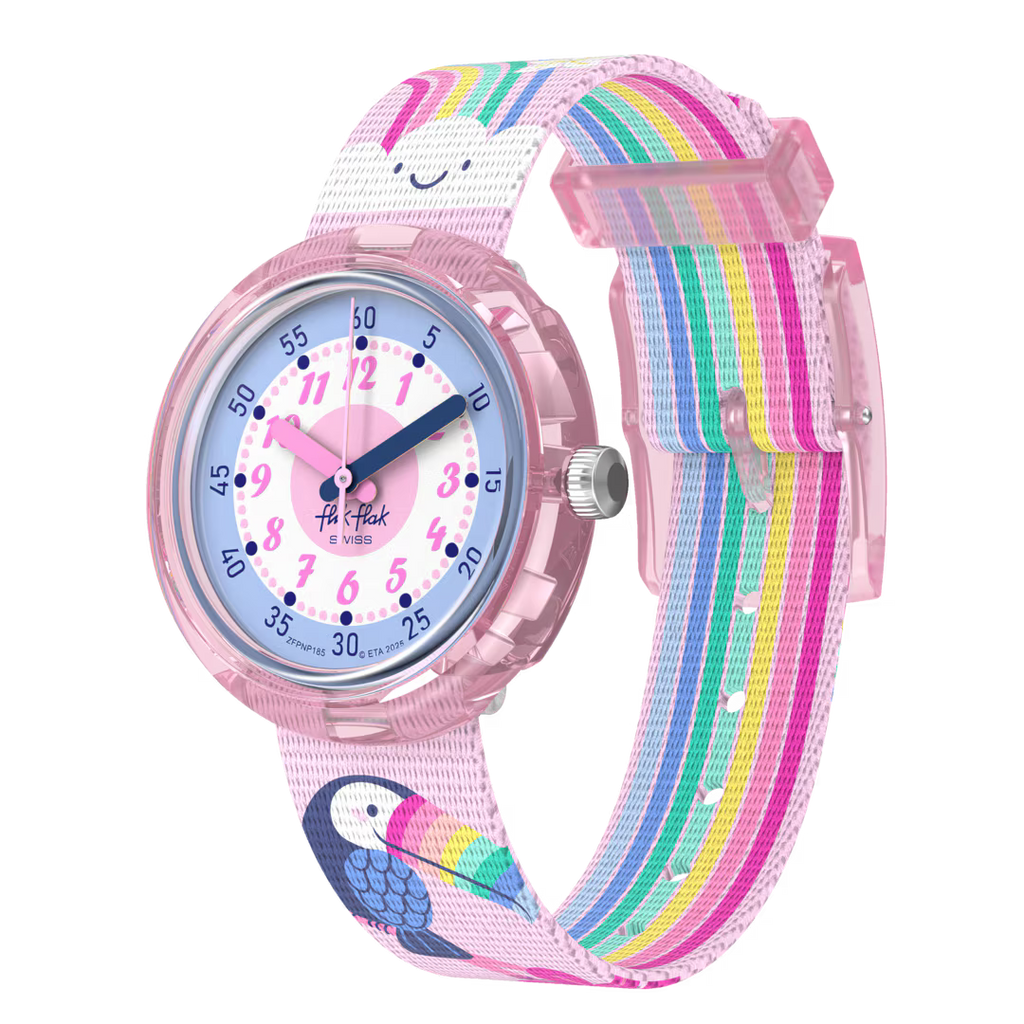 Orologio Flik Flak Toucans Treasures – Vista laterale – Orologio educativo per bambini da Cicco Gioielleria