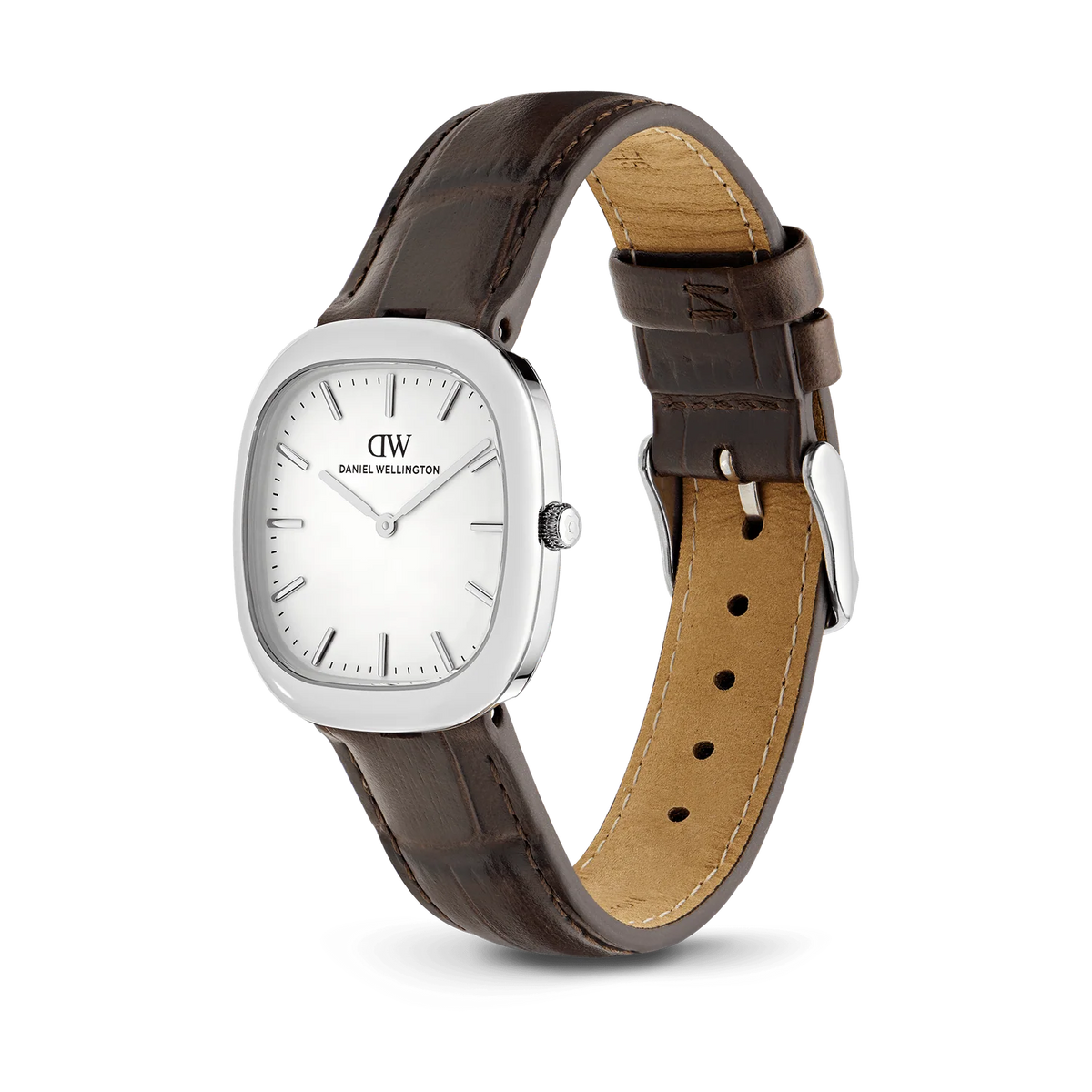 Daniel Wellington Cort DW00100988 – Vista laterale cassa cuscino silver e cinturino pelle marrone – CICCO Gioielleria