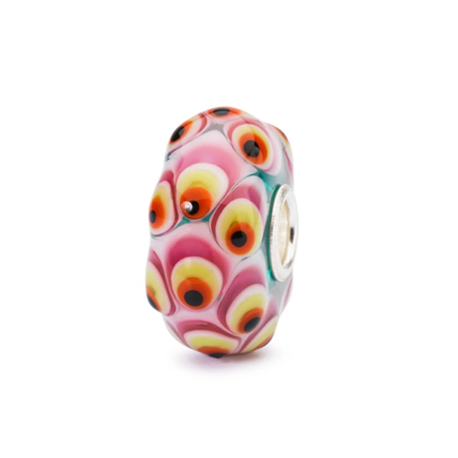 Trollbeads TGLBE-10421 Piume Granato – Bead in vetro di Murano rosa con motivo occhi di pavone millefiori