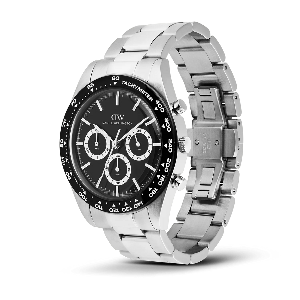 Daniel Wellington DW00100947 Iconic Tachymeter – Vista laterale cronografo uomo cassa silver lunetta nera tachimetro da CICCO Gioielleria