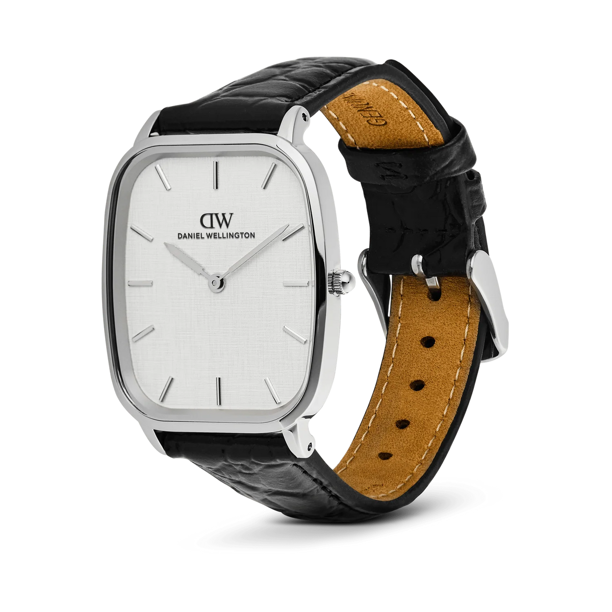 Daniel Wellington DW00100953 Marlon – Vista laterale cassa cushion silver cinturino pelle nera effetto coccodrillo da CICCO Gioielleria