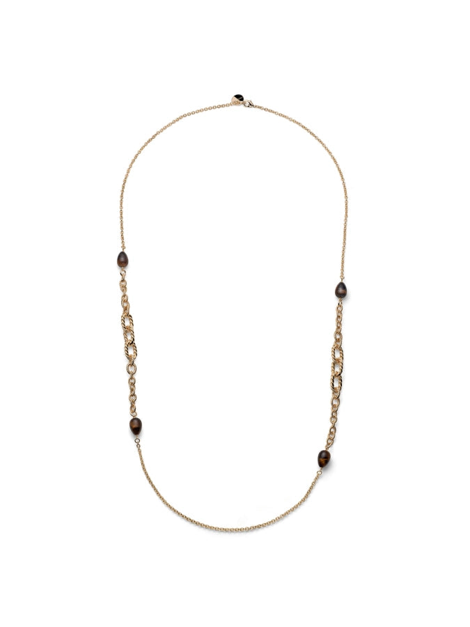 Collana lunga UNOAERRE Joya in maglia torchon dorata con gocce di occhio di tigre su sfondo neutro – CICCO Gioielleria