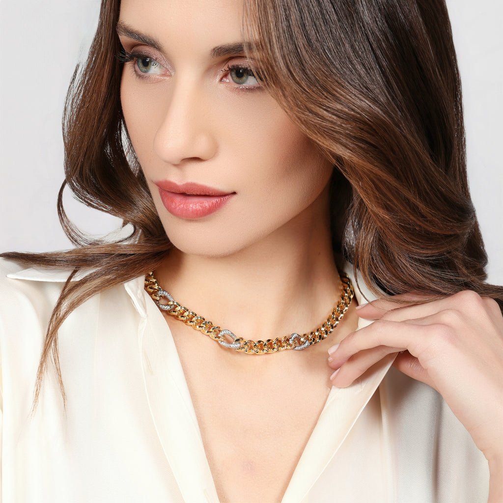 Collana Bicolore Grumetta e Zirconi UNOAERRE - dettaglio maglia grumetta bicolore con zirconi - CICCO Gioielleria