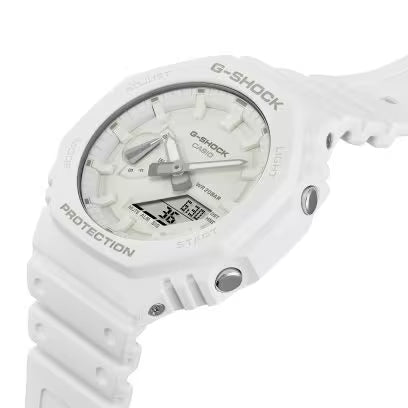 Orologio Casio G-Shock GA-2100-7A7ER Bianco – Vista laterale cassa ottagonale Carbon Core Guard